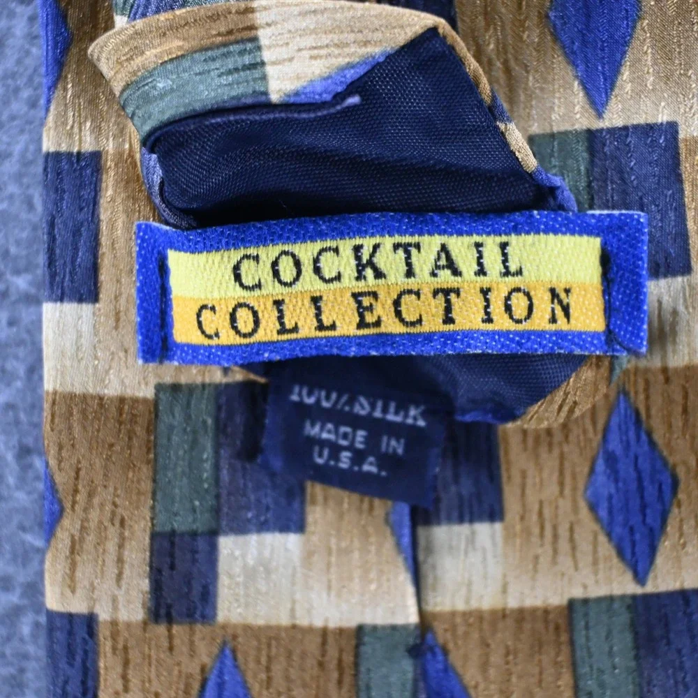 Cocktail Collection Mens Vintage 90s Geometric Silk Necktie OS Gold Blue Green